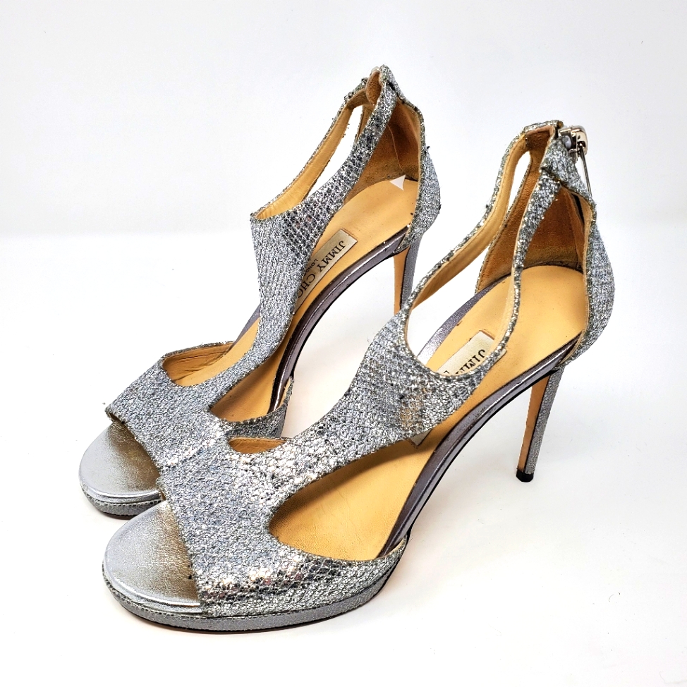 Jimmy Choo Silver Glitter Open-Toe Stiletto Heels